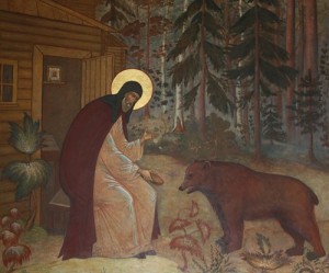 преподобный Сергий кормит медведя
