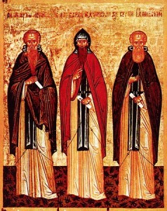 Святые Харитон Исповедник, Варлаам Хутынский и Сергий Радонежский.